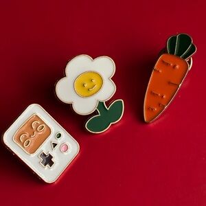 Playful Enamel Pin Set with Flower, Carrot, and Console